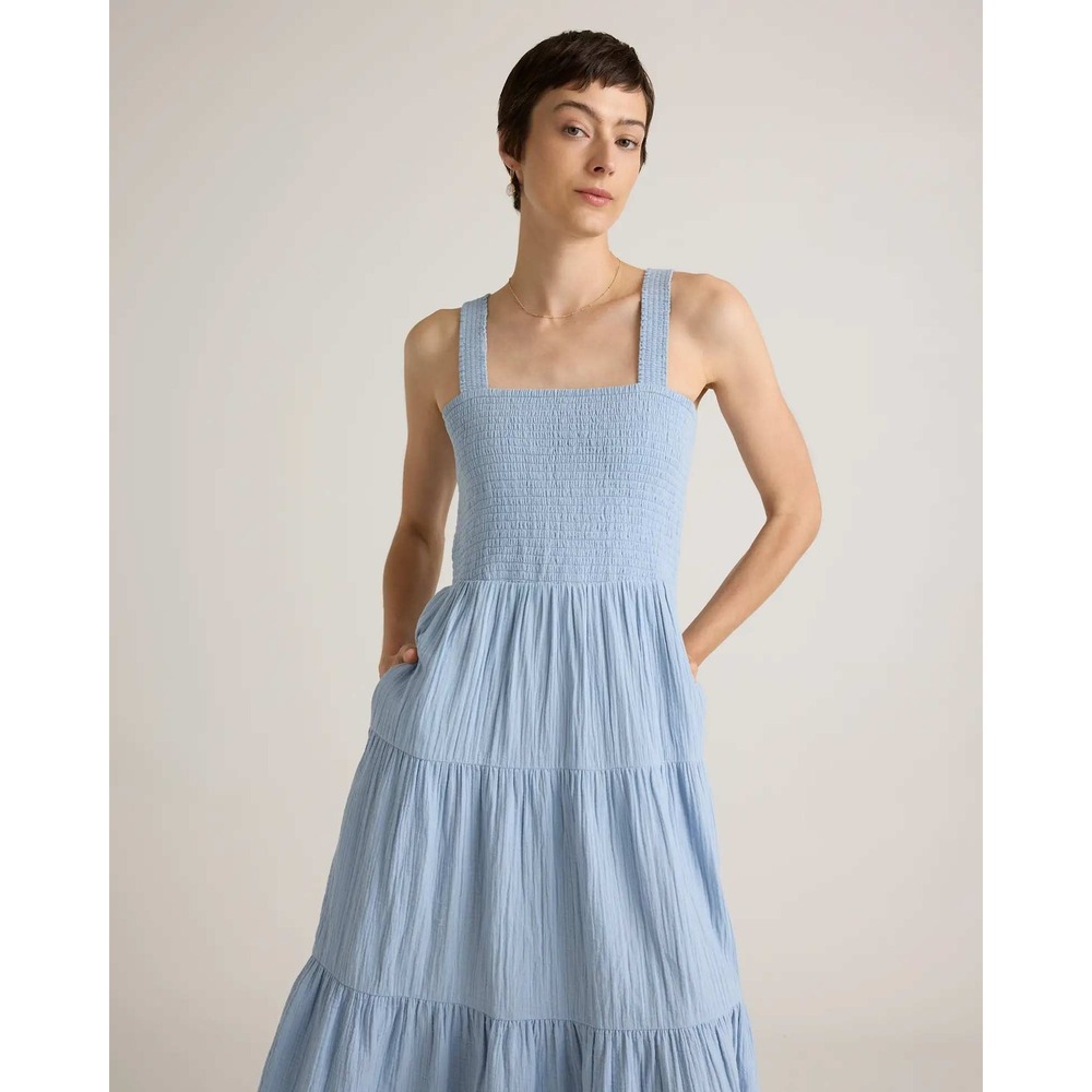 Quince Organic Cotton Gauze Smocked Maxi Dress Ocean Breeze Blue Small NWT